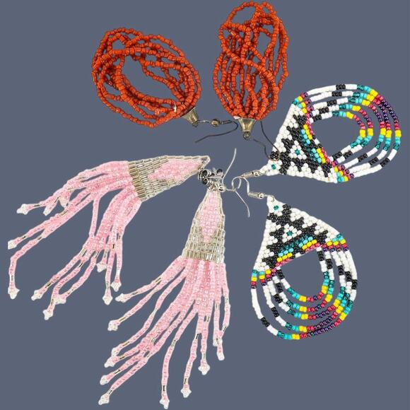 Handmade Jewelry - Vintage Beaded Earrings Lot Tribal Boho Handmade Multicolor Pink Fringe Red Seed